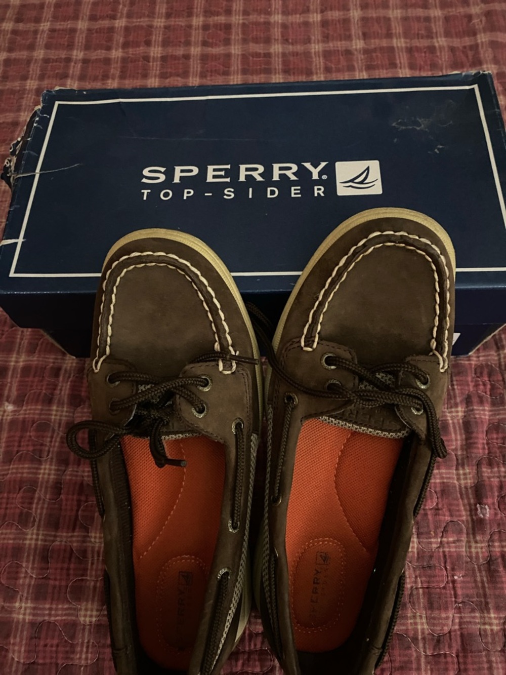 Sperry Brown Leather Boat Shoes with Orange Insoles